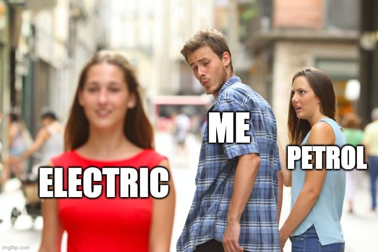 Meme of Guy with girl (petrol), staring at a different girl (electric)